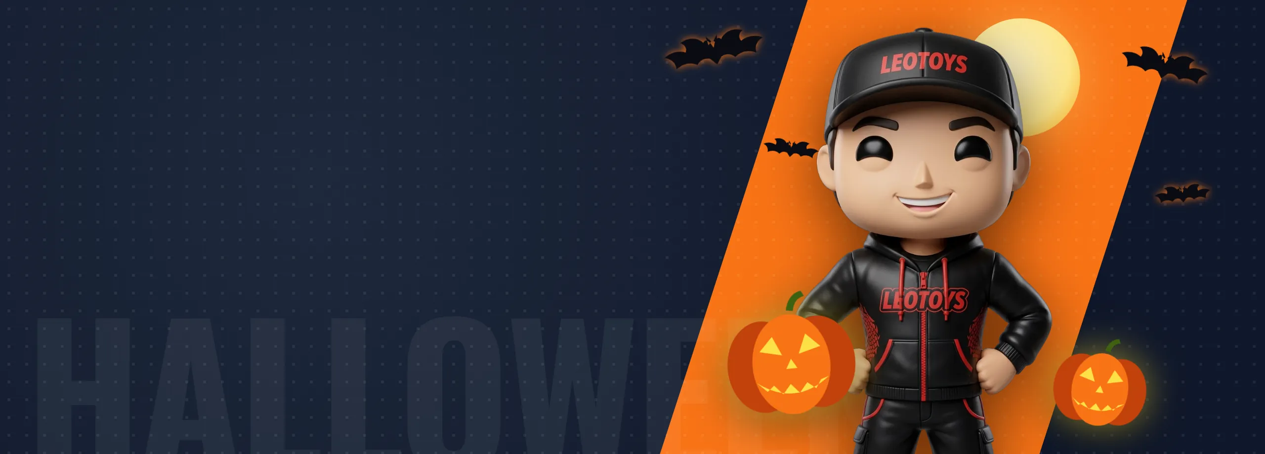 Mascota Leotoys con calabazas de Halloween